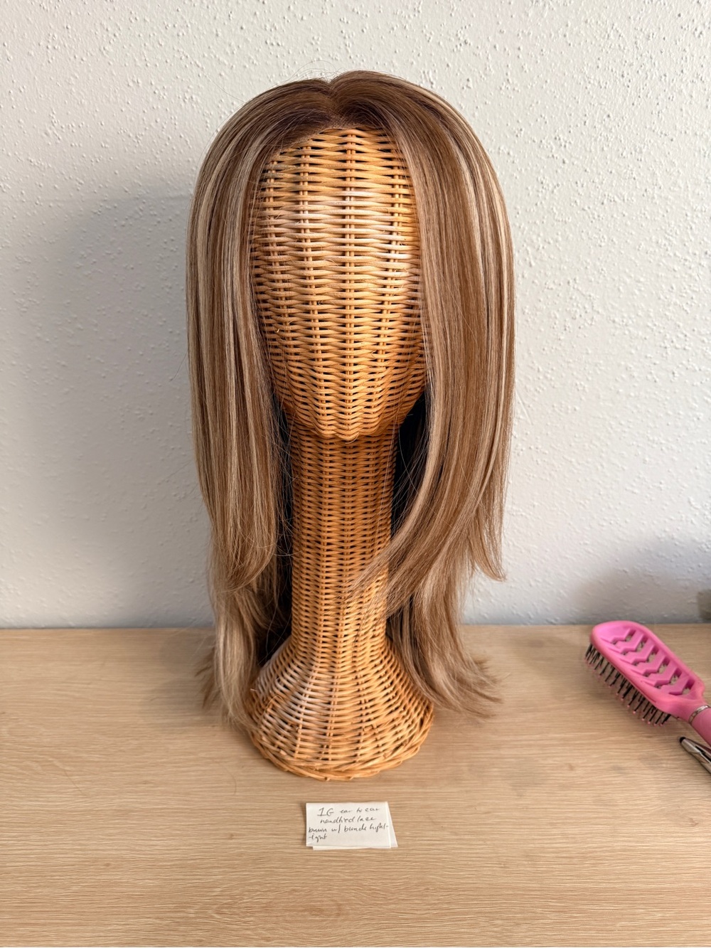 1G ear to ear, hand, tied lace, brown with blonde highlight wig